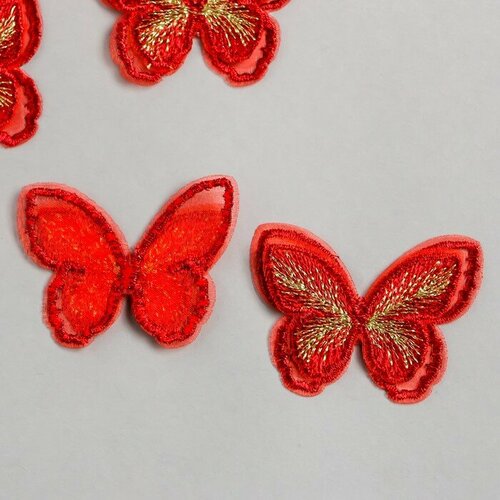 Декор для творчества текстиль вышивка Бабочка красная двойные крылья 3,7х5,2 см, 6 штук
