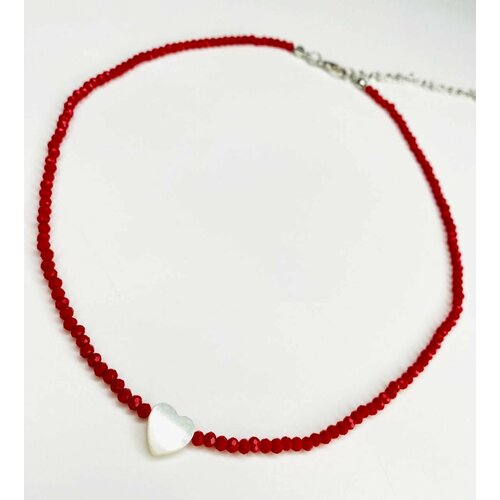 фото Колье на шею женское с подвеской сердце / кулон сердце сердечко с перламутром, короткое красное ожерелье / подарок для любимой acfox