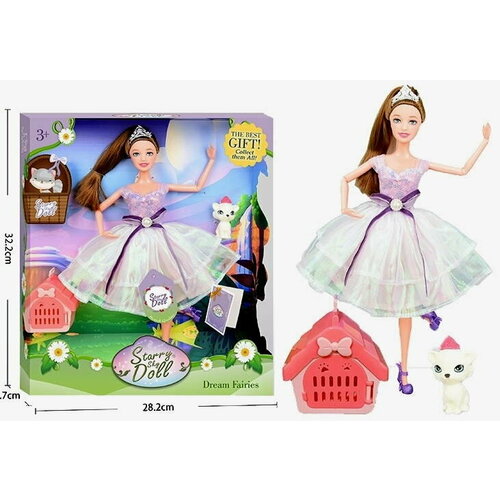 Кукла (31см) с домашним животным кошкой и домиком в коробке шарнирная, с диадемой, сиреневое платье Dream Fairy