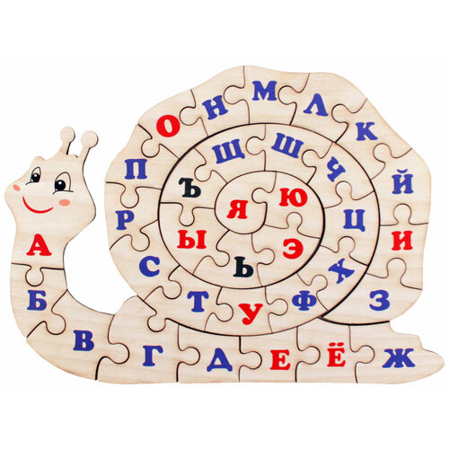 Деревянный пазл для малышей Улитка с буквами русского алфавита, 33 детали из дерева