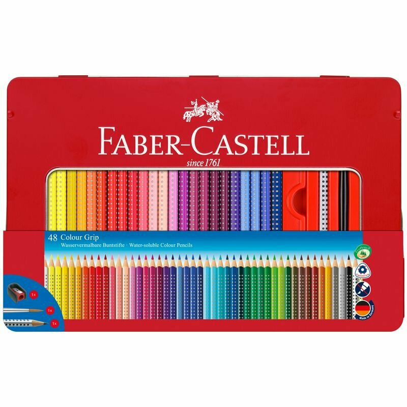 Карандаши цветные Faber-Castell "Grip", 48цв, трехгран, заточ.+ч/г кар. Grip+точилка+кисть, метал. коробка