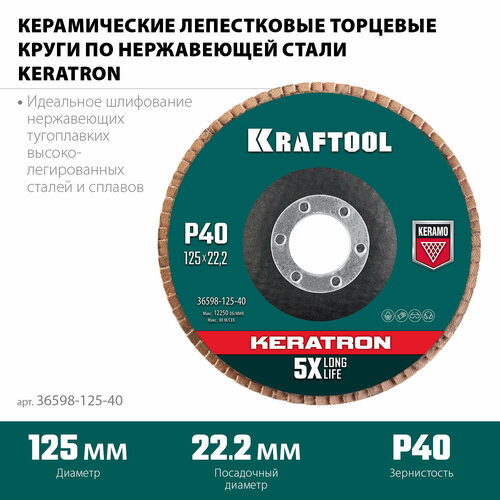 KRAFTOOL Круг лепестковый керамический торцевой по нержавеющей стали 125х22,2мм P40 KRAFTOOL KERATRON 36598-125-40