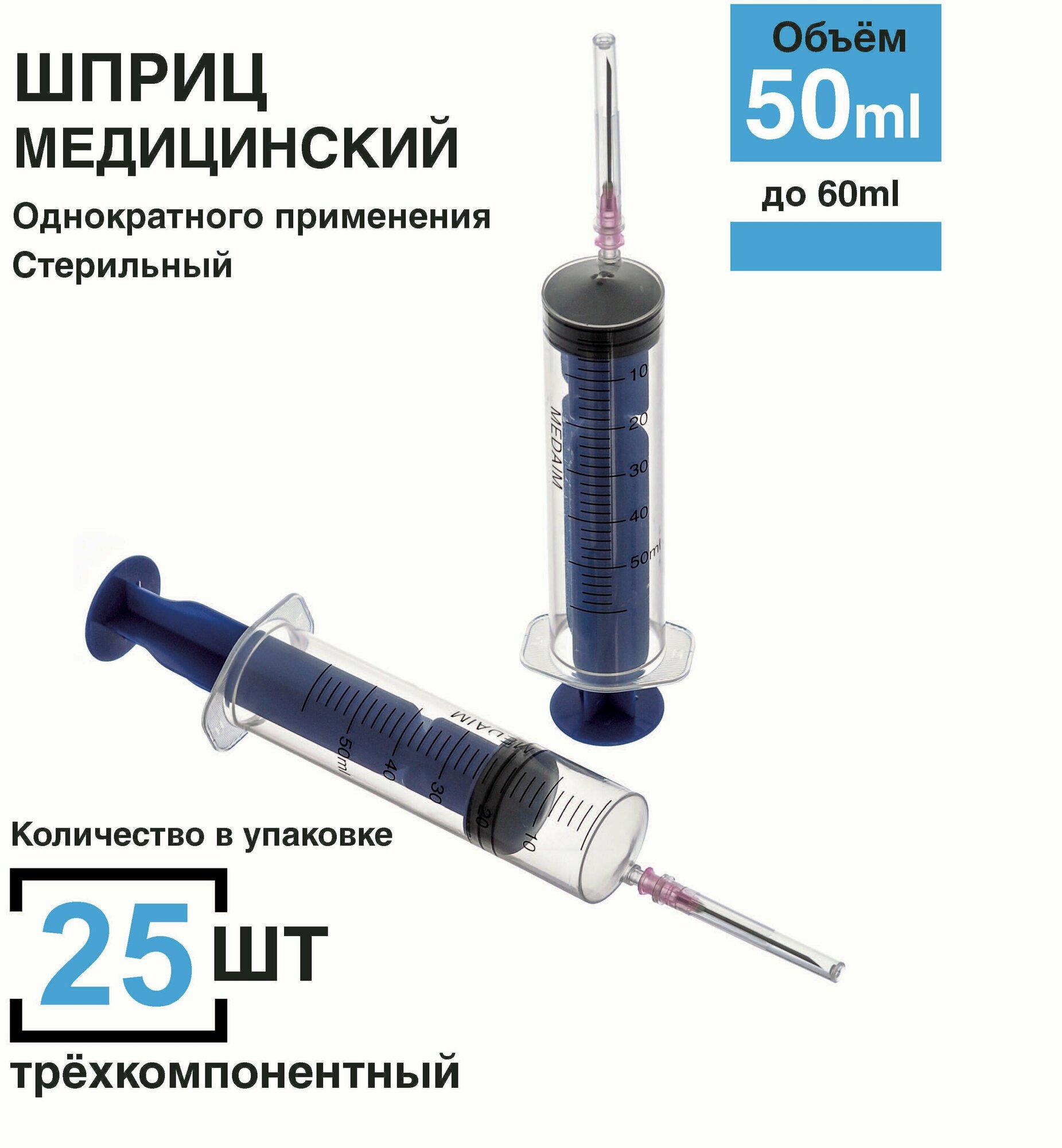 Шприц 50мл 25 штуп игла 12 х 40 мм крепление луерслип luerslip медицинский для масла для промывания для смазки кулинарный большой