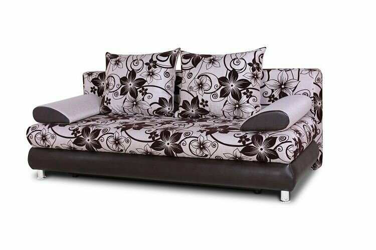 фото Диван-кровать Фиджи 2 еврокнижка, бежевая рогожка с цветами, коричневая экокожа