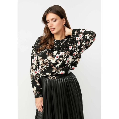 Блуза  Bianka Modeno, свободный силуэт, длинный рукав, флористический принт, размер 54, черный