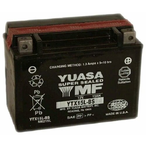 Аккумулятор для мотоцикла и скутера Yuasa AGM 13 А/ч 230 А обр. пол. с/зар. с эл. YTX15L-BS (175х87х130) M6215L