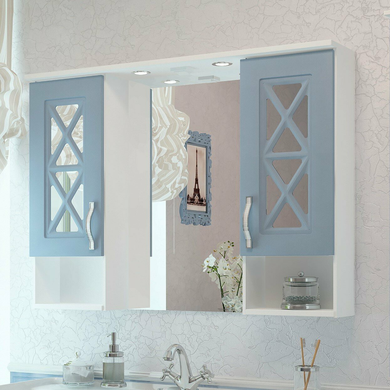 Зеркало с подсветкой в ванную со шкафом Sfarzoso Duglas №3 105 голубое - фотография № 6