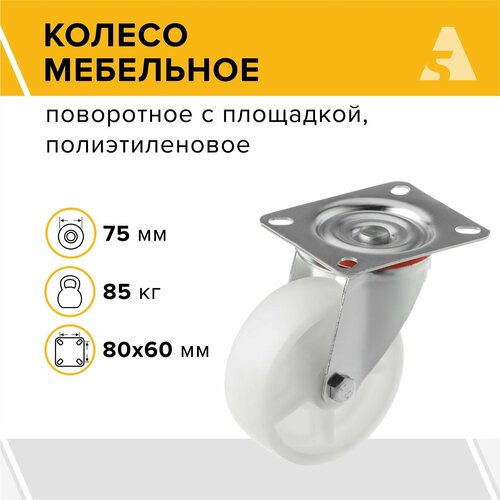 Колесо мебельное SCpp 42, поворотное, без тормоза, с площадкой, 100 мм, 110 кг, полиэтилен