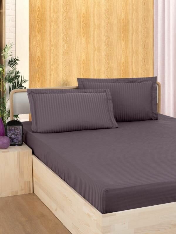 фото Простыня на резинке из страйп-сатина KARVEN P935 темно-лиловая 100х200х33 с наволочкой 50х70