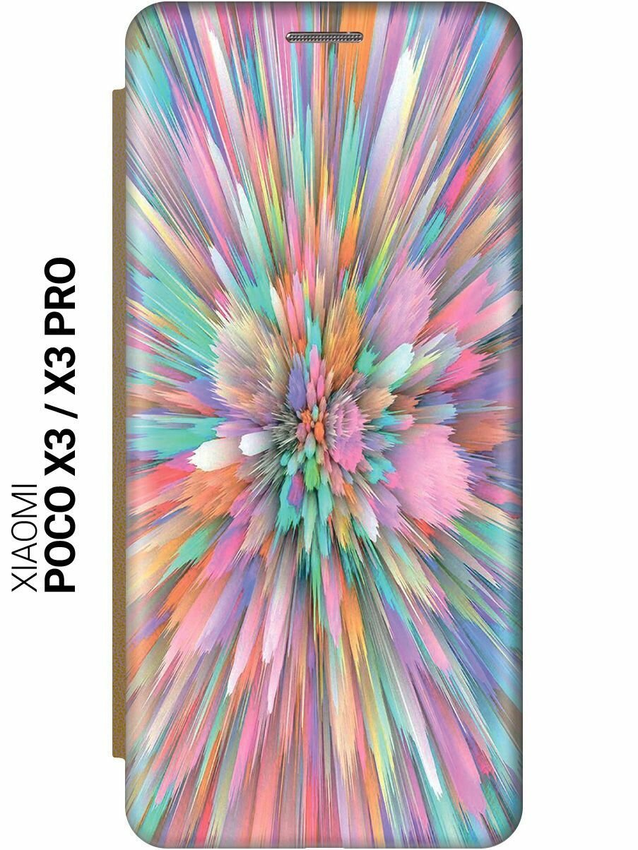 Чехол-книжка на Xiaomi Poco X3, X3 Pro, Сяоми Поко Х3, Х3 Про c принтом "Красочный взрыв" золотистый