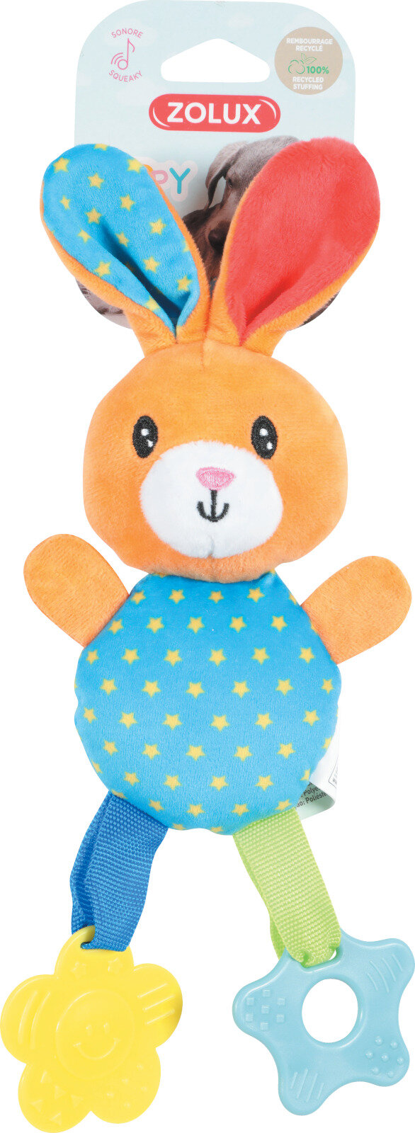 фото Zolux плюшевая игрушка для щенков с пищалкой Радужный зайка 29 см.