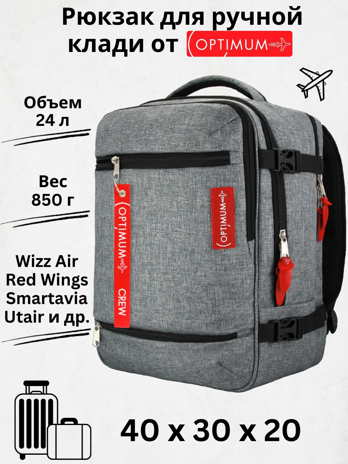 Рюкзак сумка дорожная чемодан ручная кладь 40х30х20 в самолет, серый - фотография № 1