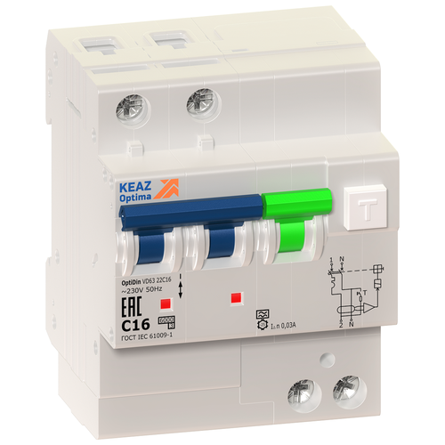 Выключатель автоматический дифференциальный АВДТ защита от сверхтоков OptiDin VD63-22C16-A-УХЛ4 | код 103453 | КЭАЗ (1 шт.) 103480 дифференциальный автоматический выключатель кэаз optidin vd63 4п 40а 30ма тип a 6ка c