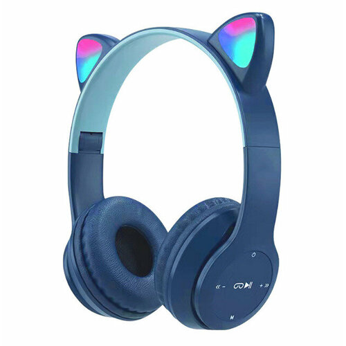 Наушники детские CAT EAR беспроводные со светящимися ушками, Cat Ear P47M, синий беспроводные детские наушники со светящимися ушками bluetooth mp3 cat ear зелёные