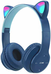 Наушники беспроводные Bluetooth Cat Ear P47M со светящимися кошачьими ушками, синие