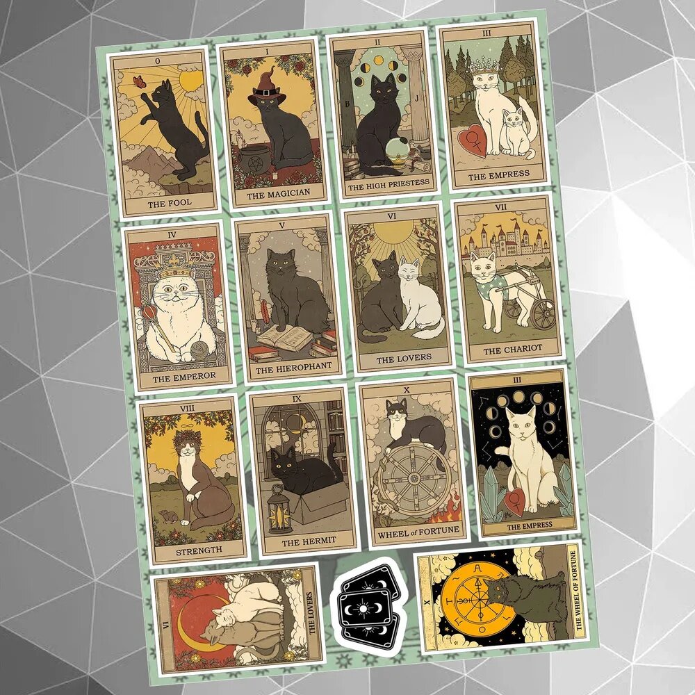 Стикерпак Таро старшие арканы Коты (карты 0-10) Набор виниловых наклеек