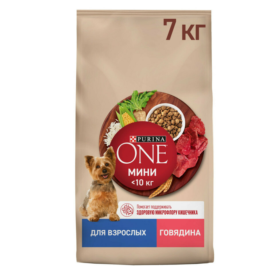 Purina One Мини сухой корм для взрослых собак мелких пород с высоким содержанием говядины и рисом - 7 кг