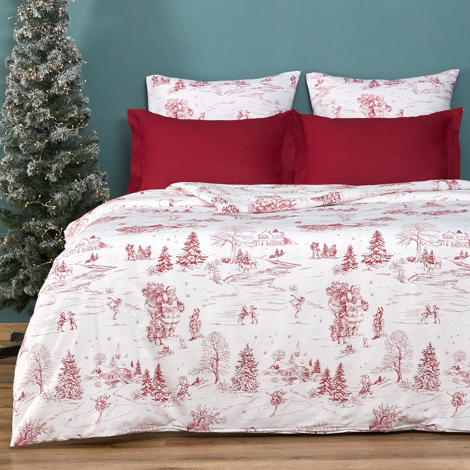 Постельное белье 2-спальное COZY HOME "Winter Toile de Jouy", перкаль (хлопок), 50х70, белый/красный, новогоднее