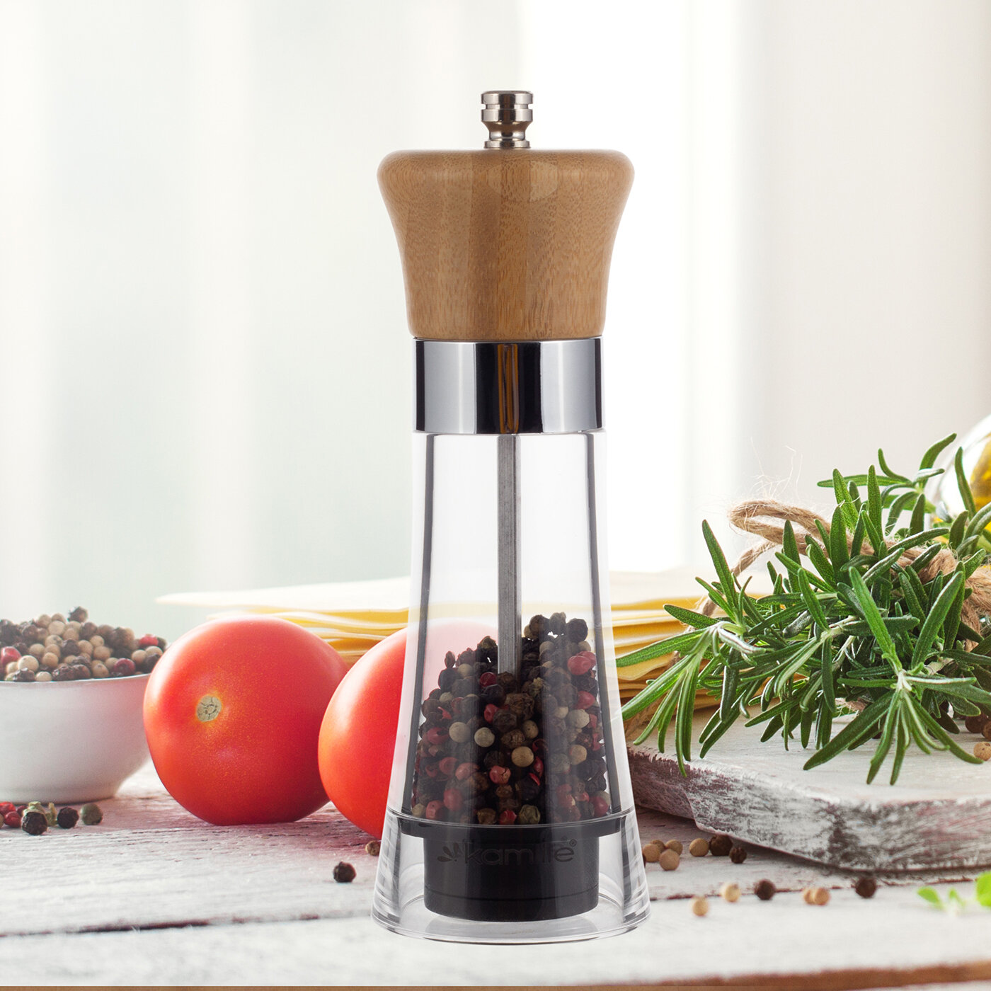 фото Мельница для специй Kamille КМ-7064 из стекла и бамбука (7064 / прозрачный)