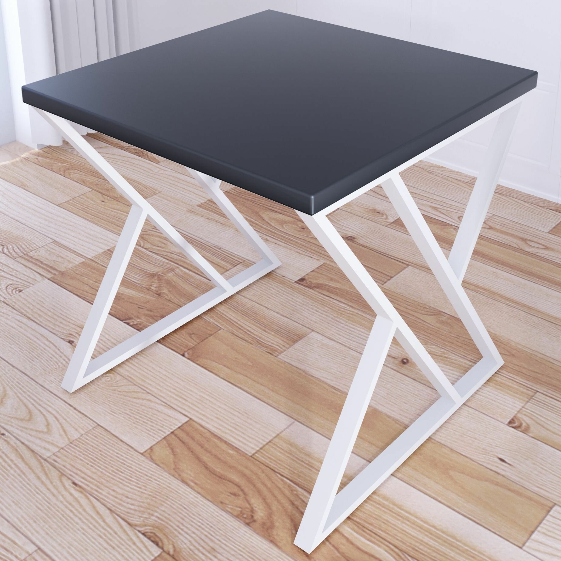 Стол кухонный Loft с квадратной столешницей цвета антрацит из массива сосны 40 мм и белыми металлическими Z-образными ножками 70x70х75 см