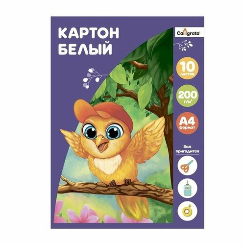 Картон белый Calligrata, А4, 10 листов, 200 г/м2, немелованный, односторонний, в папке, 1 набор