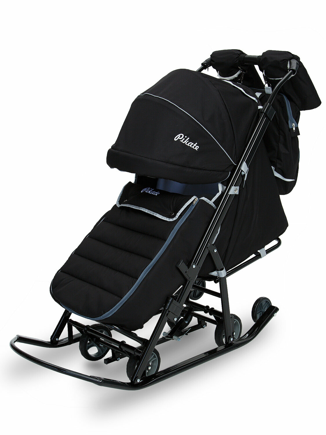 Санки коляска зимние с рождения, на колесах Pikate "Black ONYX" 2025. г. NEW