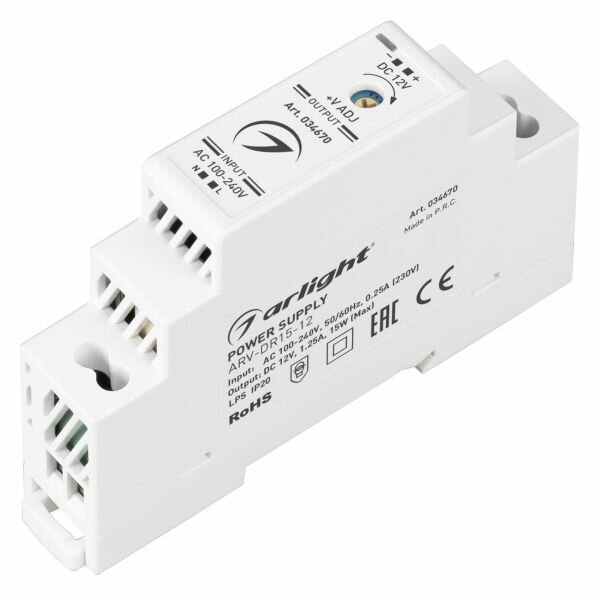 034670 Блок питания ARV-DR15-12 (12V, 1.25A, 15W) (Arlight, IP20 DIN-рейка)