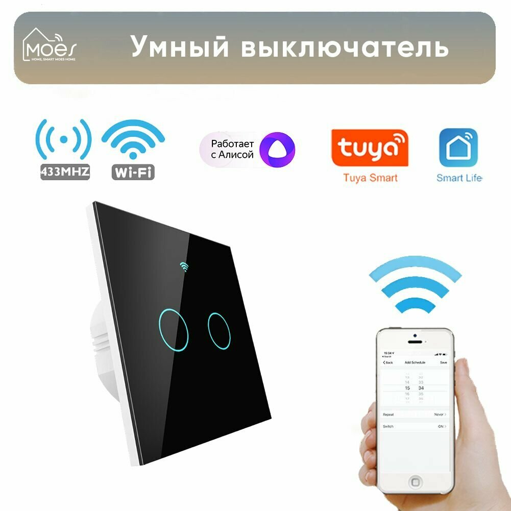 фото Умный сенсорный двухкнопочный выключатель с Алисой без нулевой линии Moes