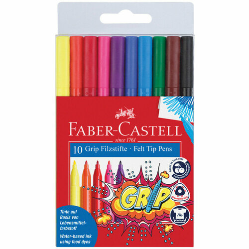 Фломастеры Faber-Castell Grip, 10цв, трехгранные, смываемые, пластик. уп, европодвес, 286202