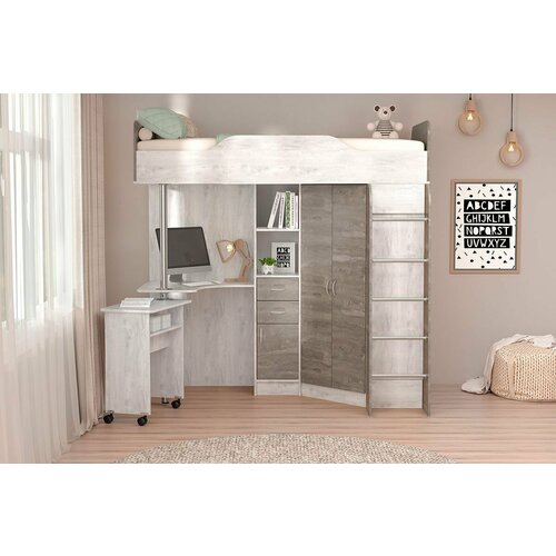 Кровать чердак Бриз-1 (с/м 800*1900мм) бетон светлый/камень темный