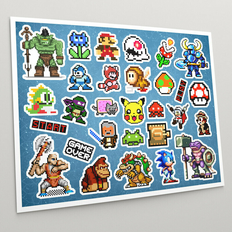 Наклейки декоративные (Стикеры самоклеящиеся) набор "Пиксель арт - Ретро игры" 20x25 см