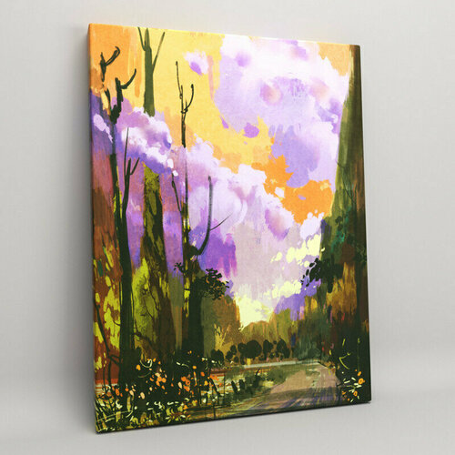 Картина на холсте (интерьерный постер) "фиолетовое небо в лесу", с деревянным подрамником, размер 30x40 см