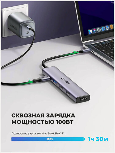 Изображение товара Разветвитель и хаб Ugreen USB-C - HDMI, 1xUSB 3.0 A, 2xUSB 2.0 A, PD, Power Converter, серый космос (15495)