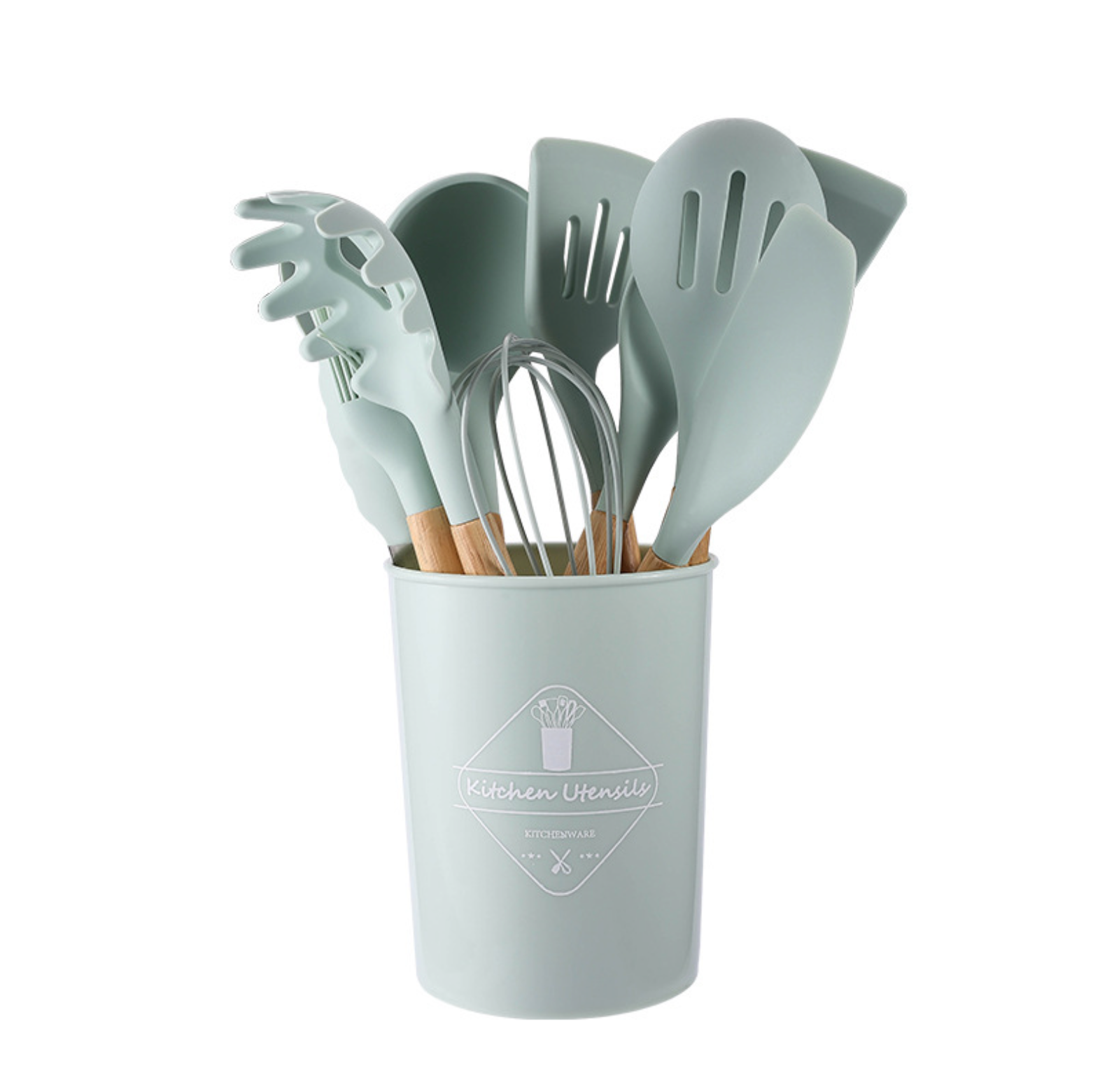 Кухонный набор Kitchen Set силикон и бамбук из 12 шт / бирюзовый цвет.
