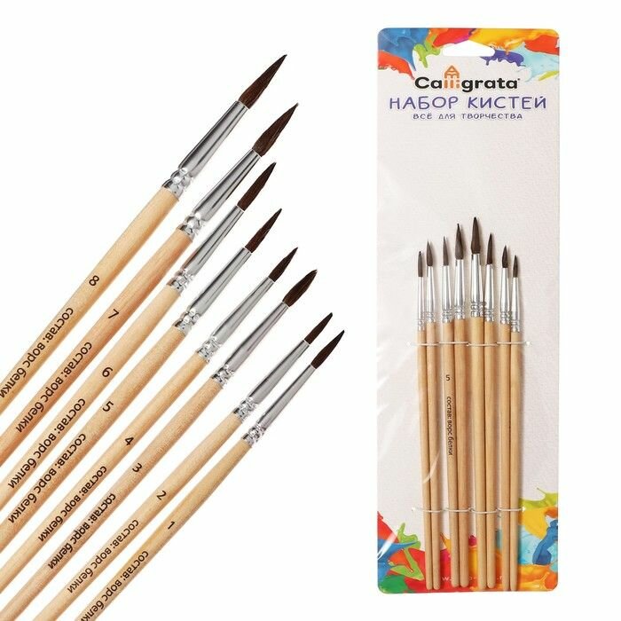Набор кистей для рисования Calligrata белка круглые 8 штук №12345678 с деревянными ручками
