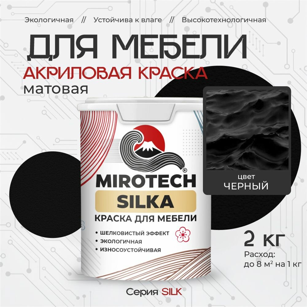 Акриловая краска для мебели MIROTECH SILK для кухонных фасадов, для деревянных поверхностей и МДФ, моющаяся, быстросохнущая без запаха, матовая, черный, 2 кг