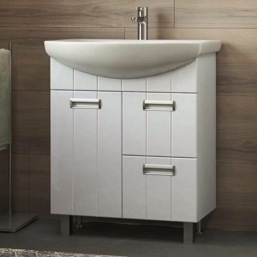 Изображение товара Тумба с раковиной Vigo Diana 70 напольная, 71,5 см, белая, глянцевая, из МДФ, с ящиками, с дверками, раковина для ванной, фарфоровая, полукруглая