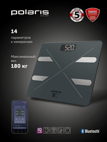 Изображение товара Умные напольные весы Polaris PWS 1898 IQ Home измеряют 14 различных параметров массы тела, графитовый