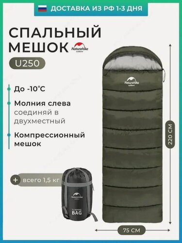 Изображение товара Спальный мешок Naturehike u250 / до -10С, 1.5 кг, зеленый, молния слева / состегивается в двухместный спальник