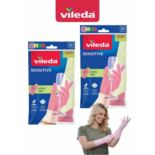 фото Перчатки латексные для деликатных работ vileda сенситив, sensitive, комплект 2 пары - 4 шт, размер m/8, цвет: розовый, 105393-2