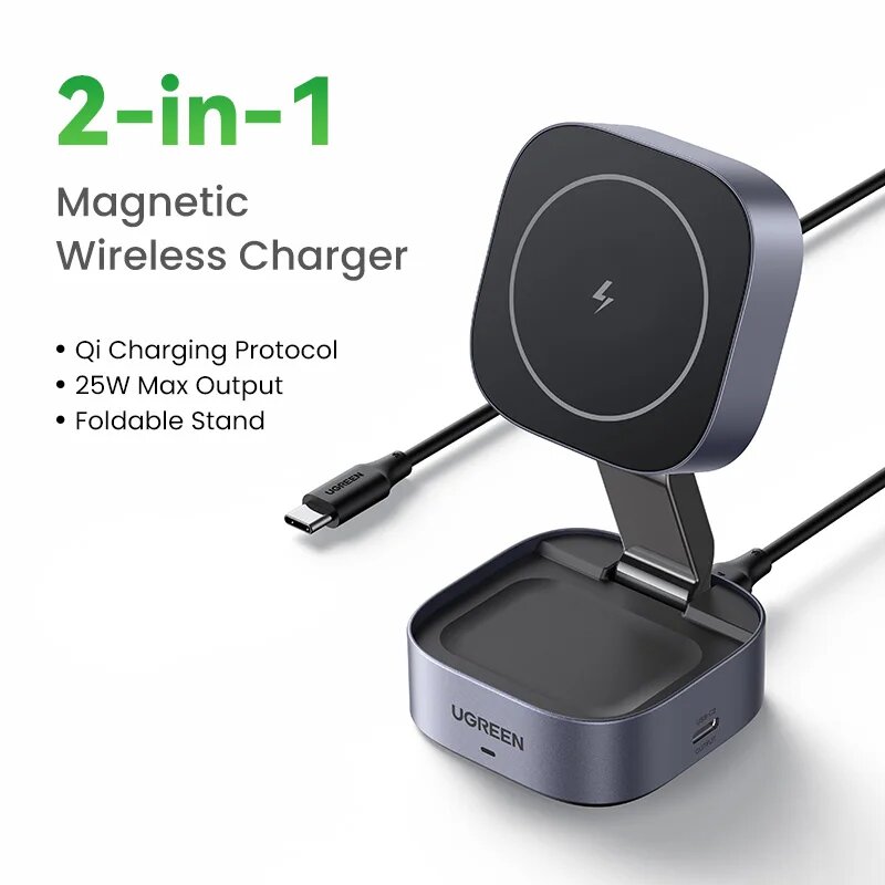 UGREEN Qi2 15 Вт Магнитная подставка для беспроводного зарядного устройства Подставка для зарядки 2-в-1 для iPhone 16 17 Pro Max/AirPods для быстрого зарядного устройства MagSafe, Qi