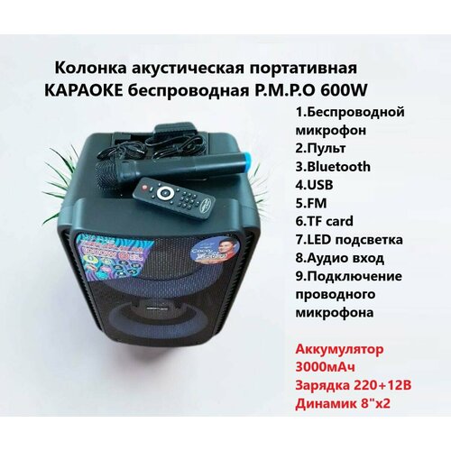 Колонка акустическая Караоке DG 08 100Вт Беспроводной микрофон Пульт Bluetooth USB FM TF card Аудио вход Зарядка 22012В 8820₽