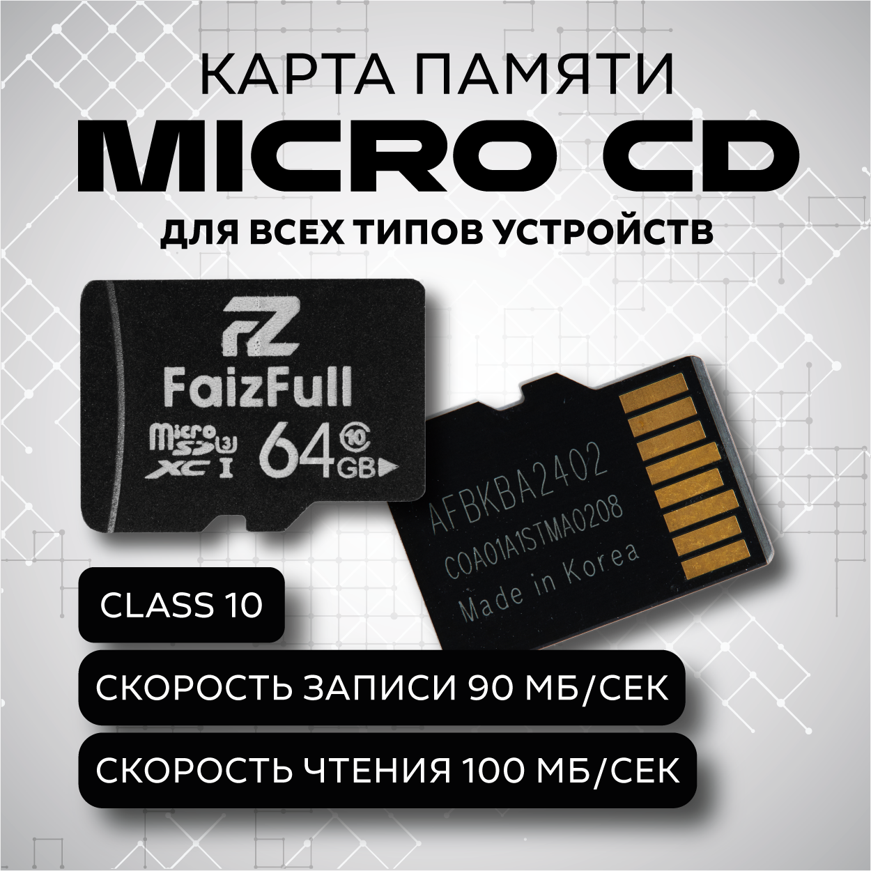 Карта памяти 64 Гб MicroSDHC Card, класс 10 для видеорегистратора, камеры наблюдения, фотоаппарата