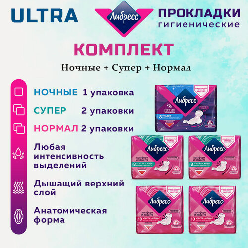 Изображение товара Прокладки женские LIBRESSE Ultra набор ночные, супер, нормал