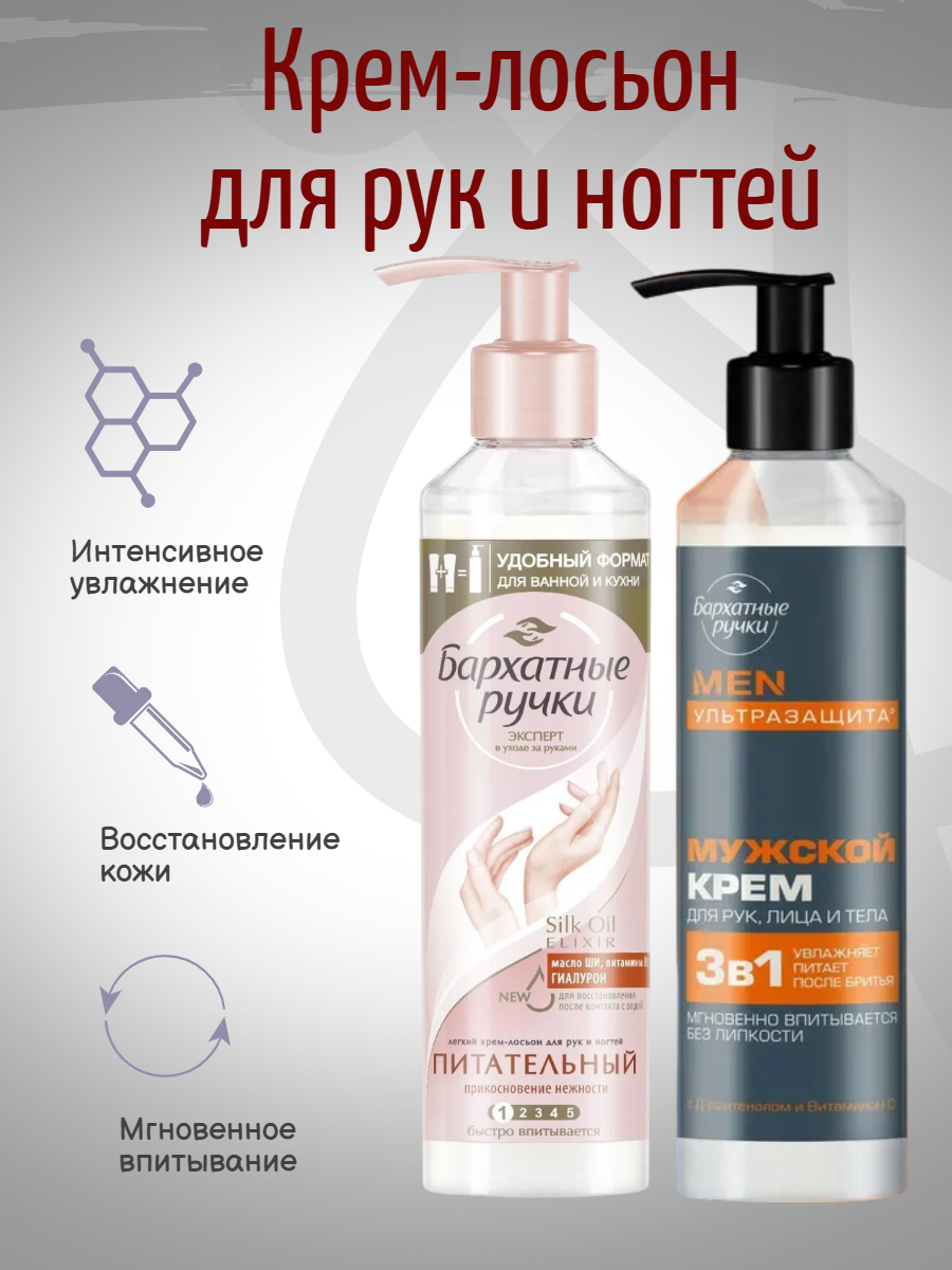 Бархатные ручки Крем для рук и ногтей, 160мл, Мужской крем для лица, рук и тела 160мл