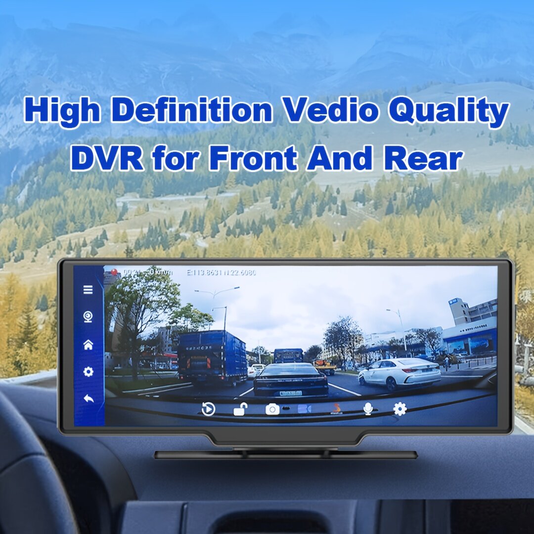 10.26" портативный беспроводной экран CarPlay, экран Android Auto, 4K видеорегистратор, 1080P камера заднего вида, изображение для парковки, встроенный акустический динамик, GPS навигация, Mirror Link, активация Siri и Google — фото 1