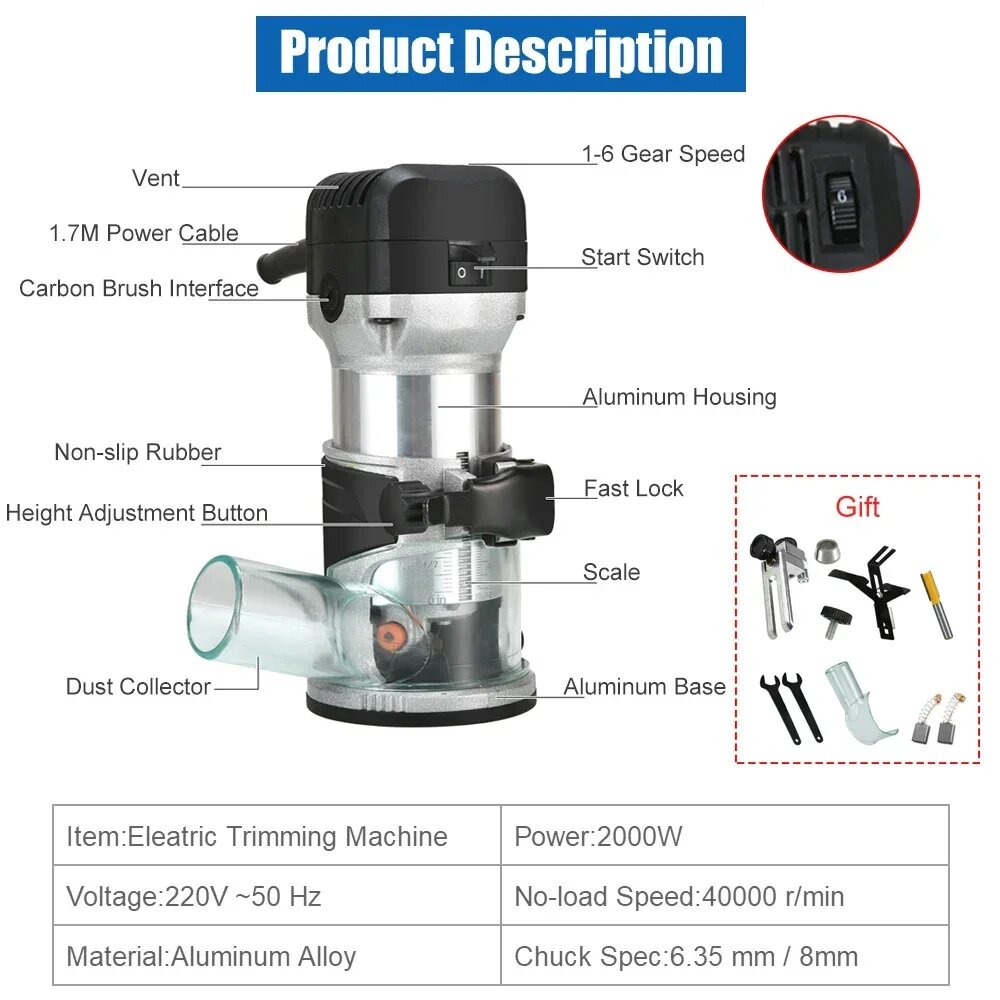 Фрезеры Аккумуляторные Электрический фрезер 2000 Вт, 2000W 220V Black