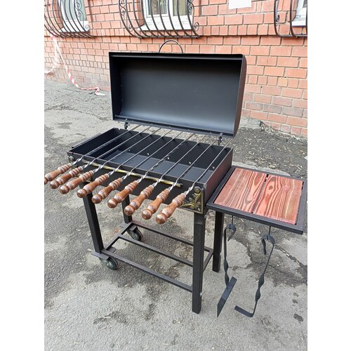 Усиленный мангал 5мм горячекатанная сталь. Барбекю с крышкой. Жаровня с полочкой деревянной. Гриль лофт с дровницей