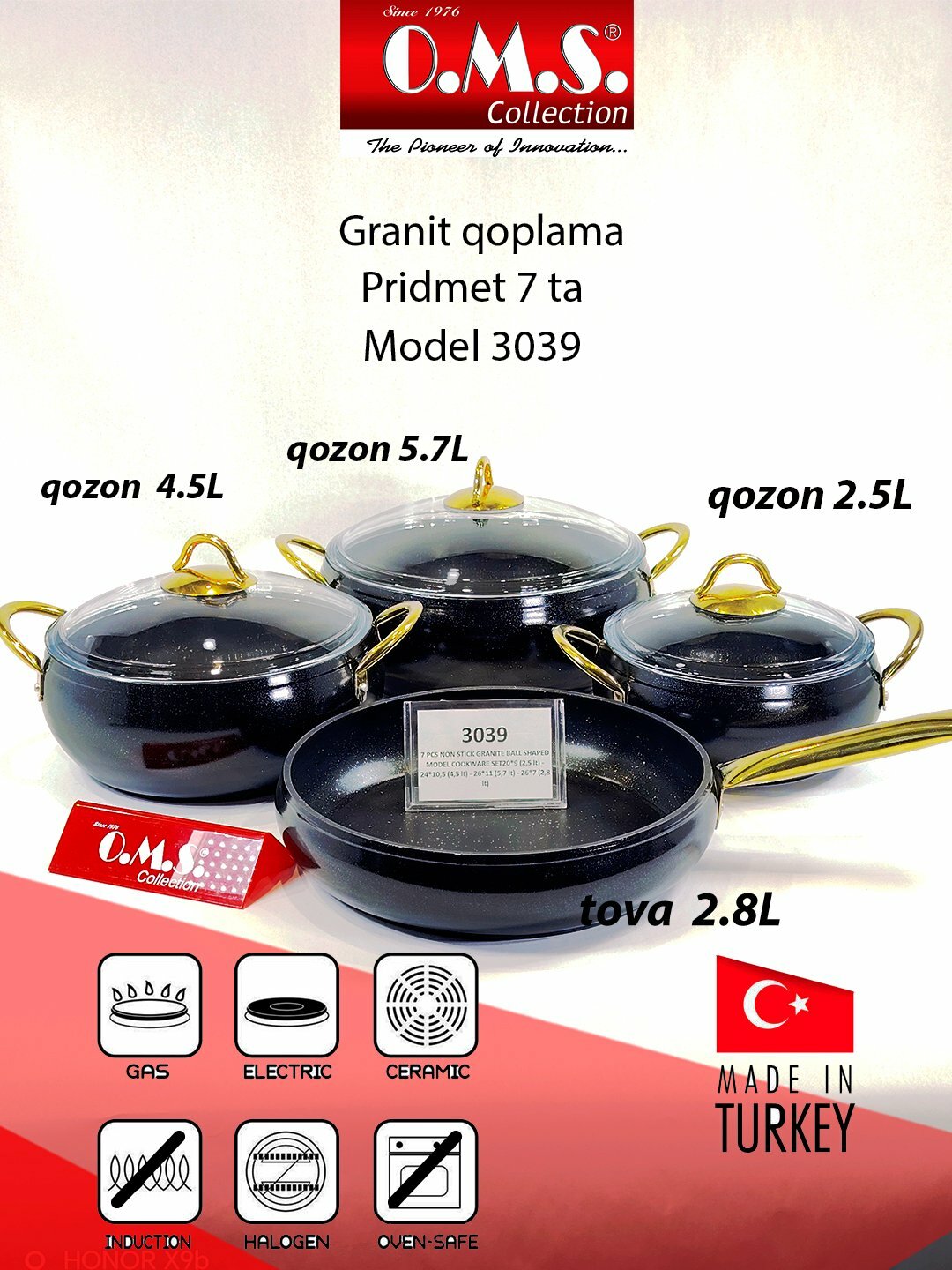 Набор посуды для приготовления, кастрюли и сковорода, 3039, Черный