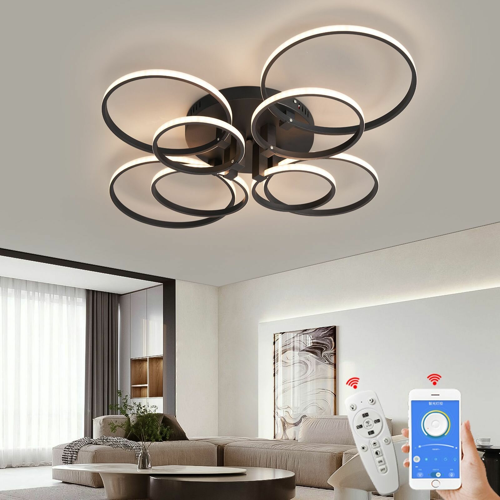 Черная потолочная люстра. 8 колец длиной 90*ширина70cм. Светодиодная лампа мощностью 90 Вт с регулируемой яркостью и дистанционным управлением. Современная гостиная Спальня Оформление освещения